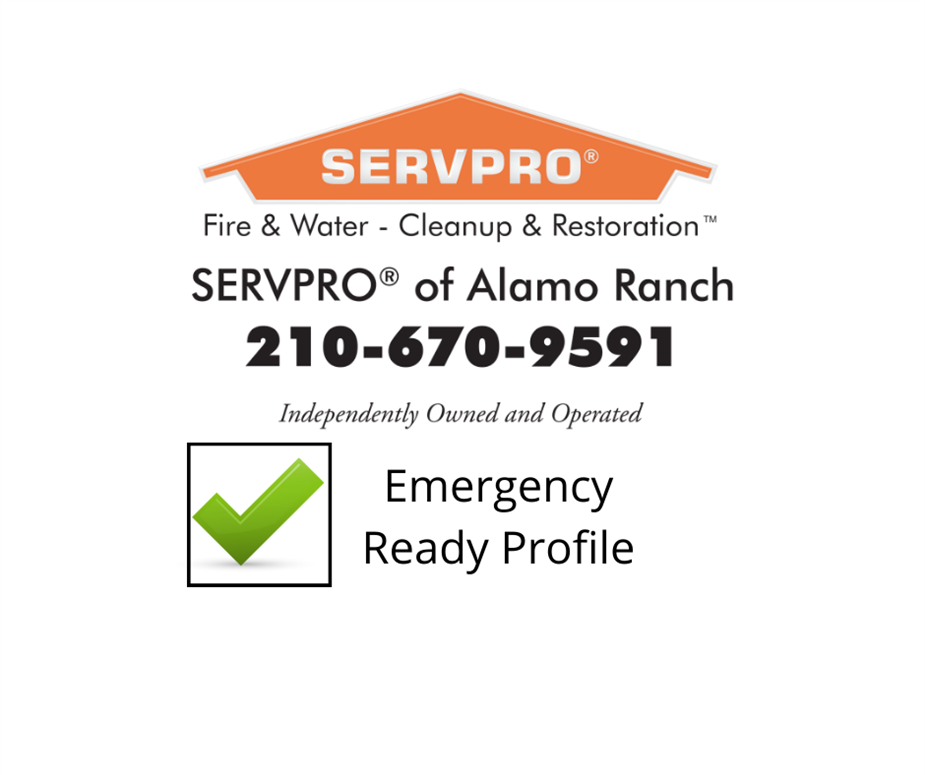 Servpro of alamo ranch logo on white background, below which is a checked box with the words 'emergency ready profile'